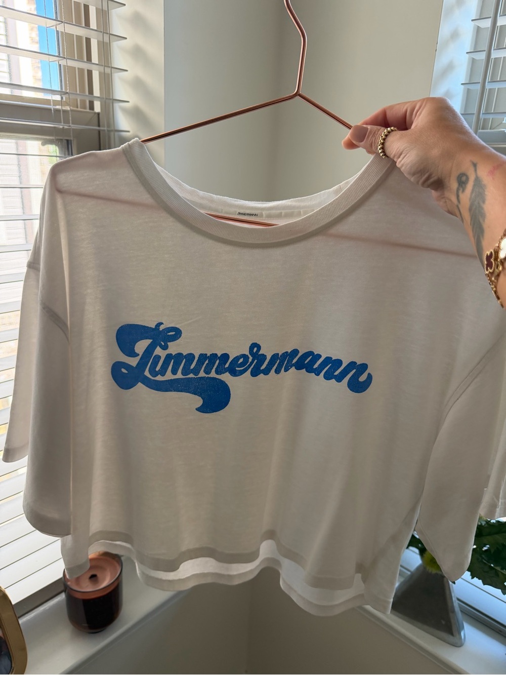 Zimmermann White Cropped Tee with Blue Script Logo